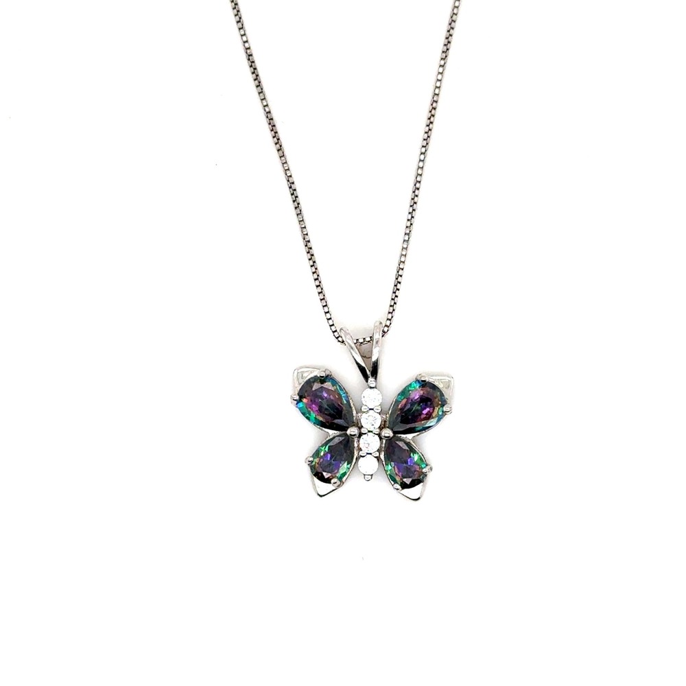 Sterling Silver Mystic Topaz Butterfly Necklace 18 Inch Box Chain 925 Italy